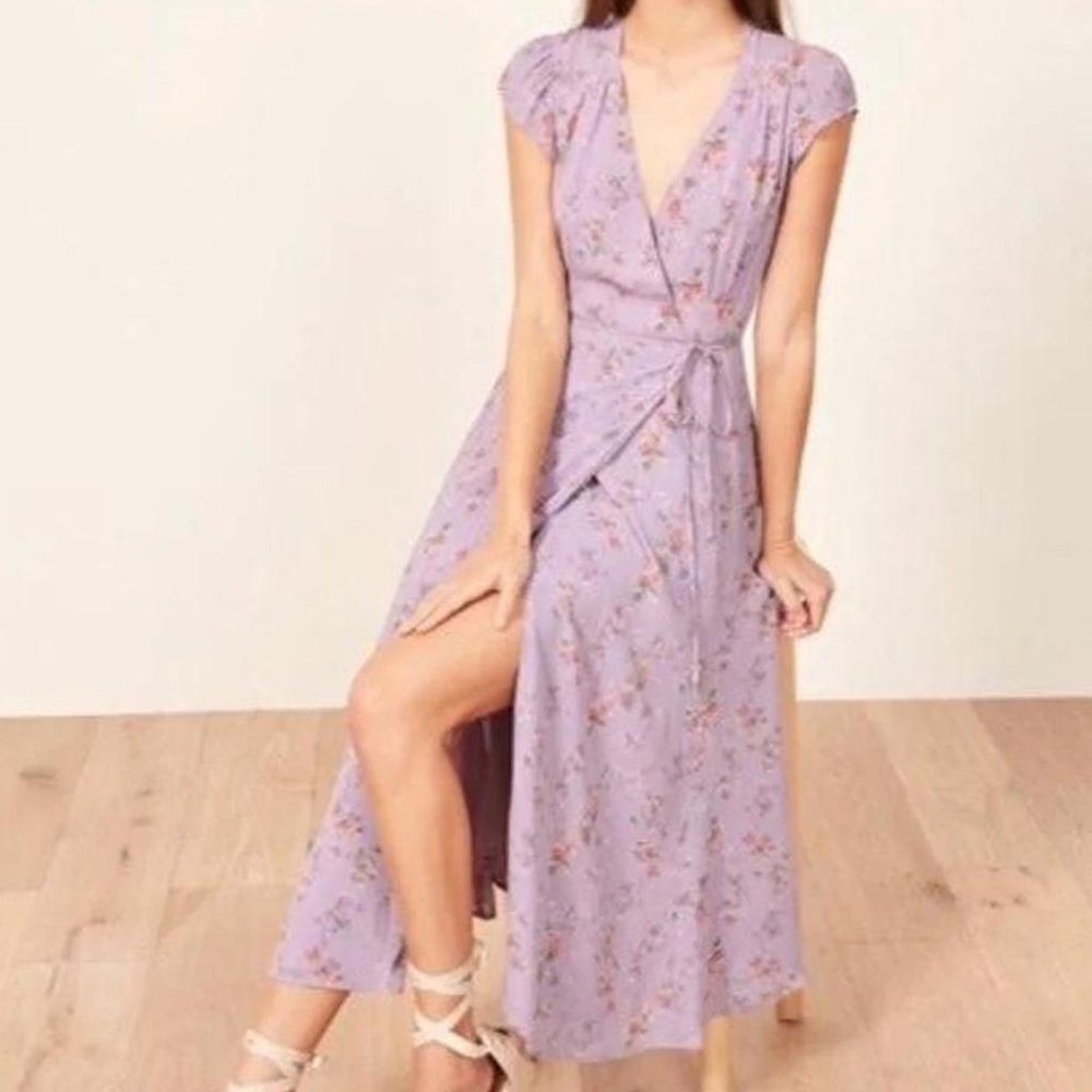 Reformation Carina Wrap Dress in Yvette Purple Lilac Lavender Floral